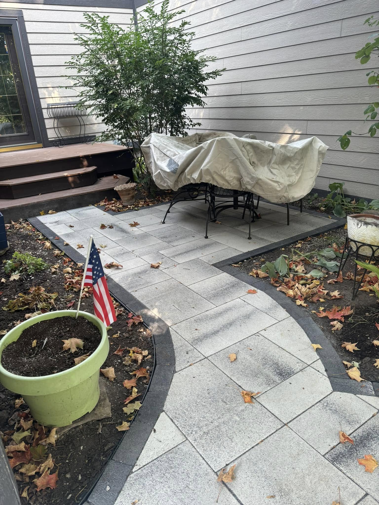 Dense concrete paver walkway built to resist winter de-icing salt on a residential property in Sheboygan County, Wisconsin